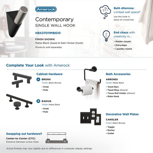 Amerock HBX37011MBG10 | Acclivity Single Prong Decorative Wall Hook | Matte Black/Satin Nickel Hook for Coats, Hats, Backpacks, Bags | Hooks for Bathroom, Bedroom, Closet, Entryway
