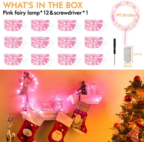 Bexdir Fairy Lights - 12 Pack Battery Operated 7FT Waterproof Silver Wire | Perfect for Christmas, Parties & Home Decor