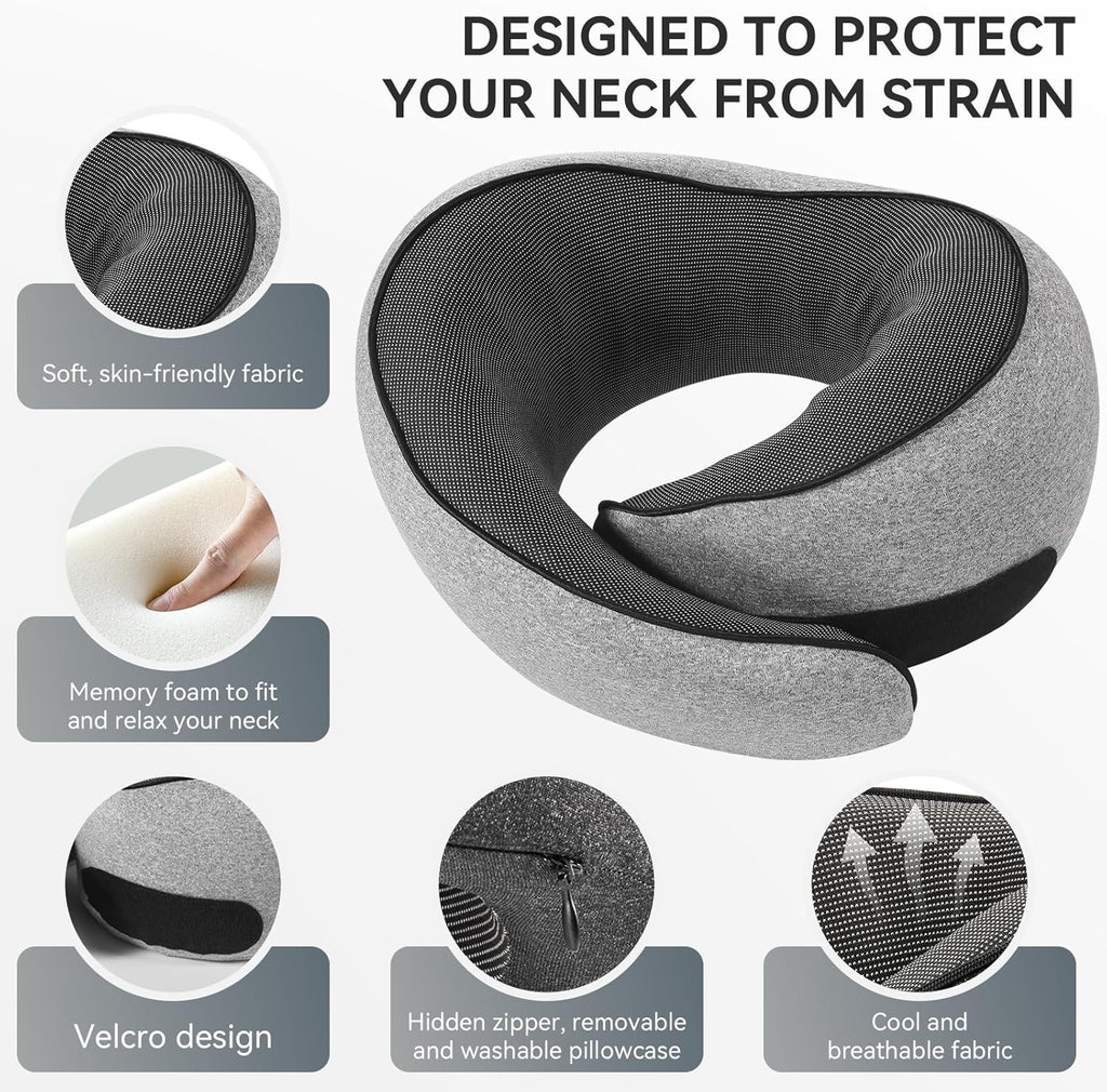 SZXYX Travel Pillow - 100% Pure Memory Foam Neck Support with Breathable Cover | Dark Grey