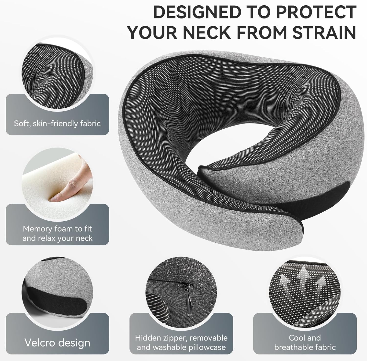 SZXYX Travel Pillow - 100% Pure Memory Foam Neck Support with Breathable Cover | Dark Grey