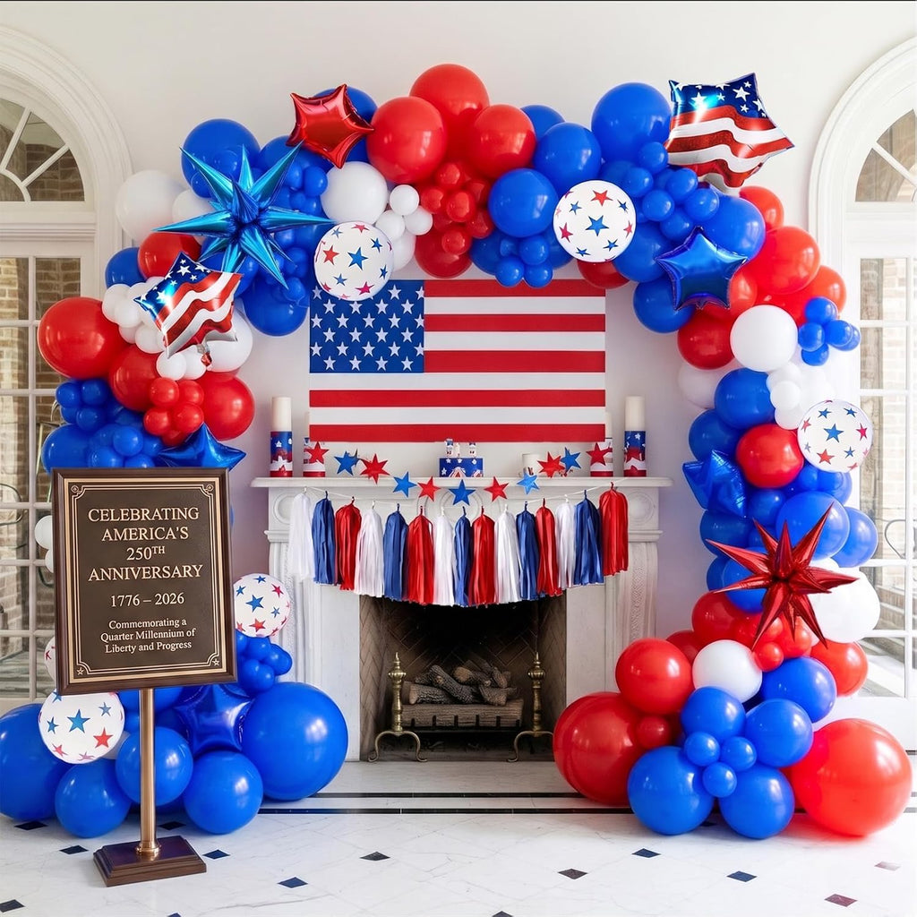 Patriotic Balloon Garland Arch Kit - Red, White & Blue Star Print & Flag Foil Balloons for 4th of July Celebrations