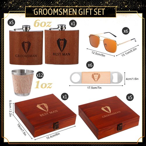 Acellegic 42 Pcs Groomsmen Gifts Set of 6, Groomsmen Proposal Box with Flasks Sunglasses Pine Box Funnel Bottle Opener Small Wooden Cups for Wedding Best Groomsman Man Gift