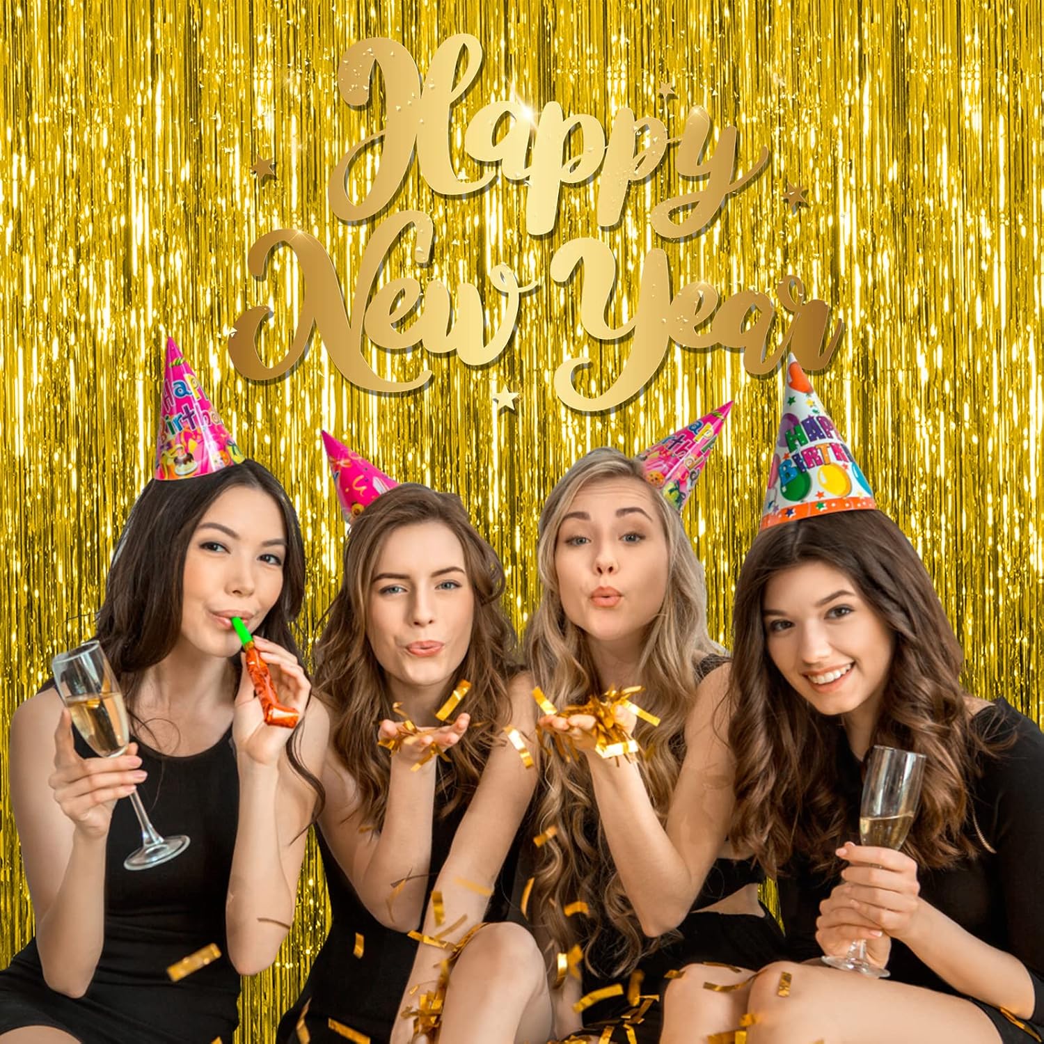 Skiennix Gold Fringe Curtain Backdrop - 10 Pack Tinsel Streamers for Parties & Events | Perfect for Birthdays, Christmas, and Graduations