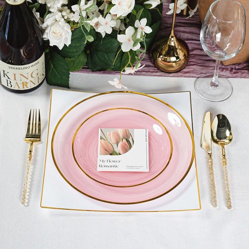 N9R 60PCS Pink Plastic Plates with Gold Rim – 30 Dinner & 30 Dessert Plates, Circular Ribbed Design, Elegant Disposable Plates for Weddings, Events, Banquets, Special Occasions (Translucent Pink)