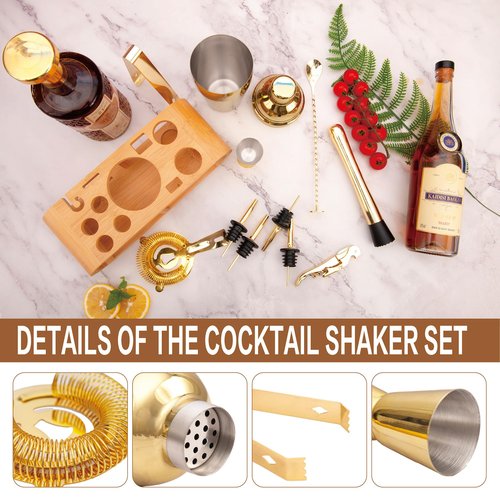 JNWINOG 12Pcs-Cocktail Shaker Set Stainless Steel Bartending Kit 18.6oz Cocktail Bar Set Cocktail Mix Drink Making Kit Professional Bar and Home Drink Bar Tools for Bartender(Gold, 12Pcs)