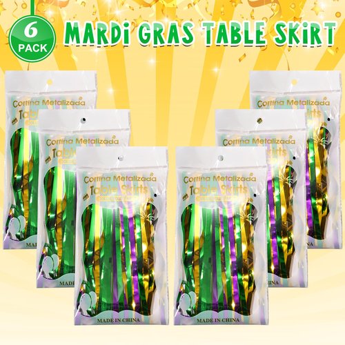 6 Pack Mardi Gras Table Skirt Decorations 30x118 Inch, Mardi Gras Purple Gold and Green Metallic Foil Fringe Tinsel Table Skirts, Mardi Gras Table Decorations for Mardi Gras Carnival Party Supplies