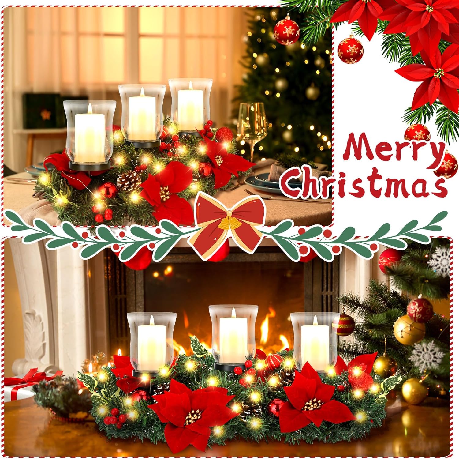 Sliner Christmas Candle Holder - Elegant Poinsettia Glass Centerpiece for Holiday Table Decor