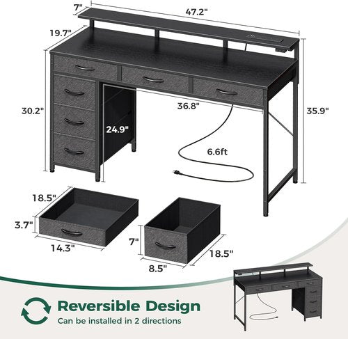 Huuger Gaming Desk - 47 Inch Computer Desk with LED Lights & Power Outlets | Black with 6 Drawers