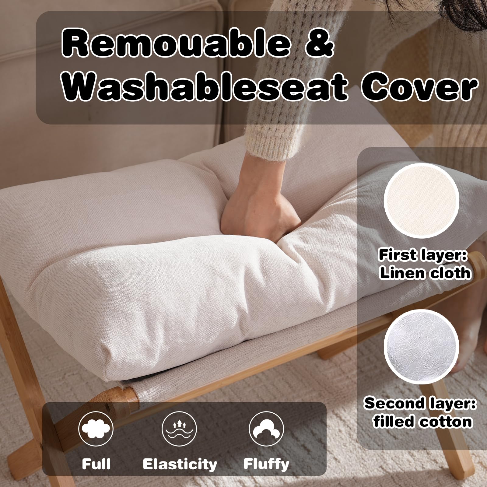 Baveke Ottoman Foot Rest- Bamboo Foldable Stool, Foot Stools Small Ottman with Upholstered & X Legs, Folding Stool for Makeup, Bedroom and Living Room (Large Beige)