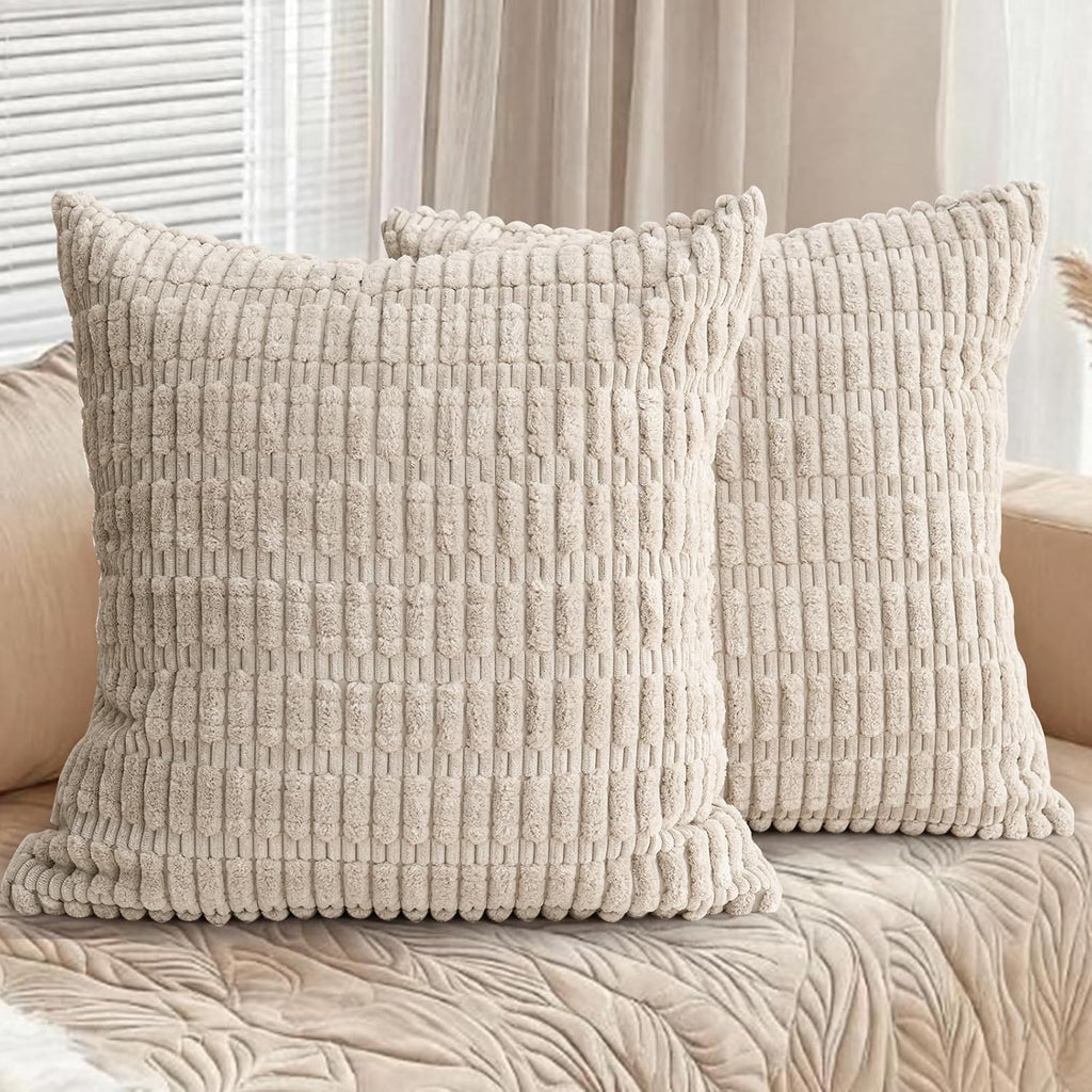 Skiennix Throw Pillow Covers - Soft Boho Striped Corduroy | 18x18 Inch, 2-Pack for Modern Home Decor