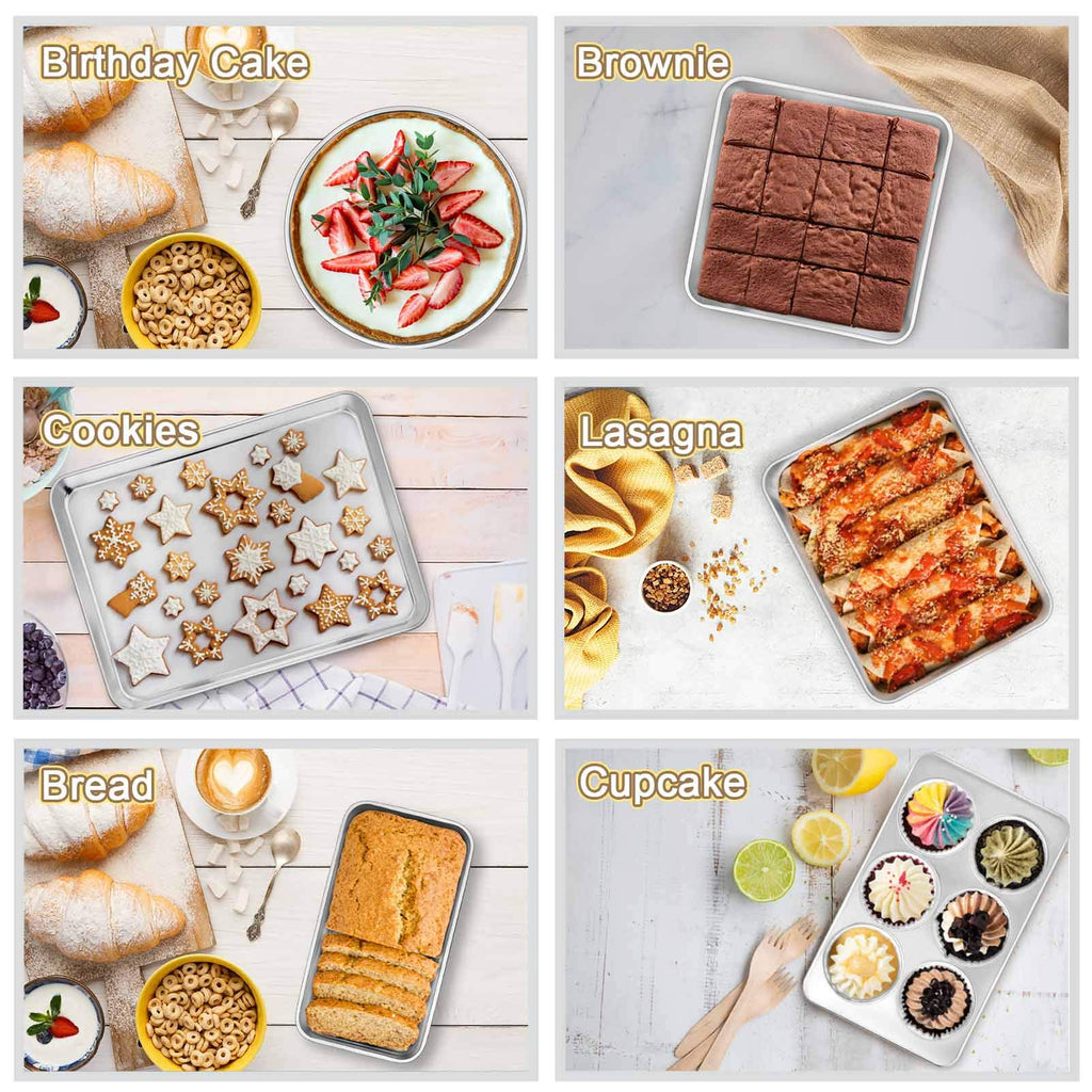 TeamFar Stainless Steel Bakeware Set of 11, Toaster Oven Baking Pan Set, Lasagna Pan, Square & Round Cake Pan, Loaf Pan & Muffin Pan, Healthy & Heavy Duty, Dishwasher Safe & Smooth