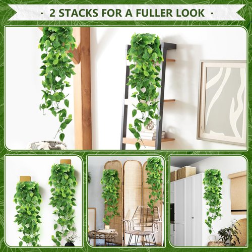 HOREAKHJ 2-Pack Fake Hanging Plants, Faux Hanging Plant Artificial Greenery for Living Room Bedroom Boho Wall Shelf Indoor Outdoor Decor (Green Pothos Ivy Vines)