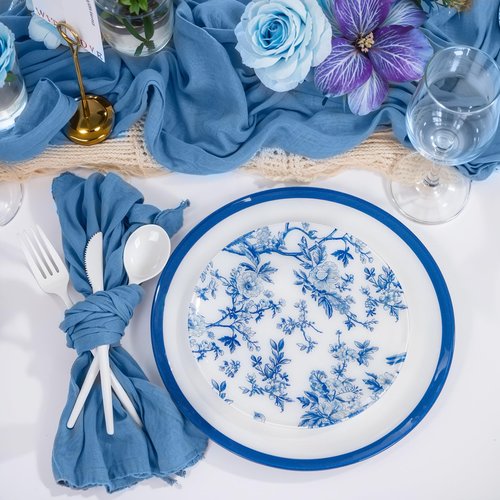 EI 60pcs Blue and White Floral Plastic Plates Fancy Blue Floral Disposable Heavy Duty,10.25inch Dinner Plate and 7.5inch Dessert Plate,Disposable Nice Plastic Plates for Party,Wedding(Value,Elegant )