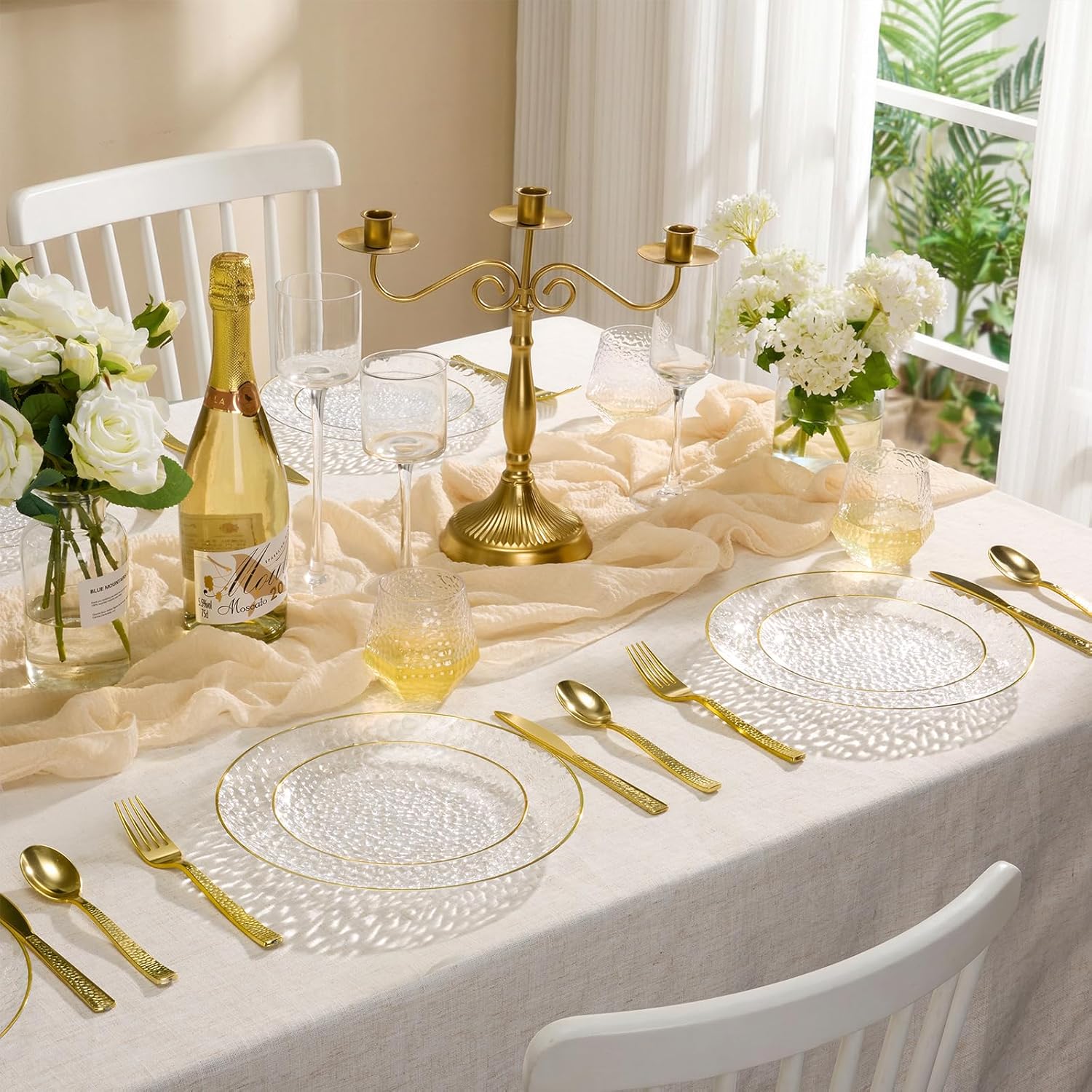 Regine Switzerland Crystal Clear Plastic Plates - Elegant Gold Rim Disposable Dinnerware Set | 50 Pcs (25 Dinner & 25 Salad Plates) for Weddings & Parties