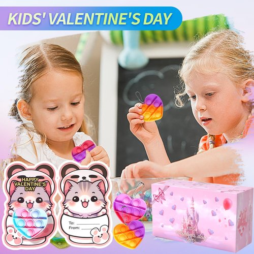 TOAPER 36 Pack Valentines Day Gifts for Kids - Bulk Prefilled Valentines Heart Pop Keychain Toys Classroom Cards, Valentine’s Day Cards for Kids Boys Girls School Class Exchange Gifts
