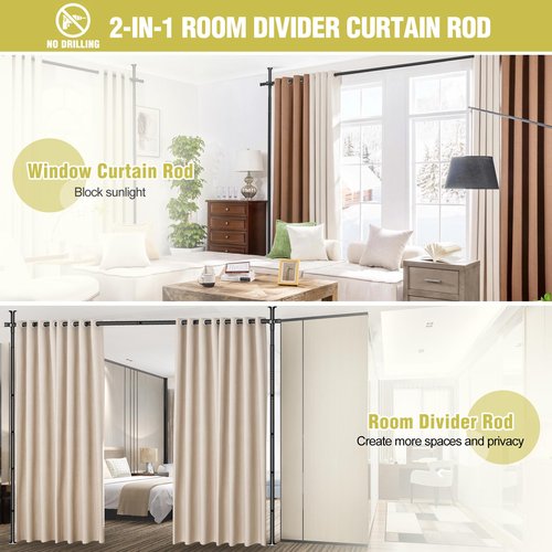 Room Divider, No Drilling Curtain Rod for Room Separation, 4-10ft(H) 29-73"(W) Adjustable Wall Divider, Heavy Duty Floor to Ceiling Tension Rod Space Partition Privacy Separator for Dorm Office, Black
