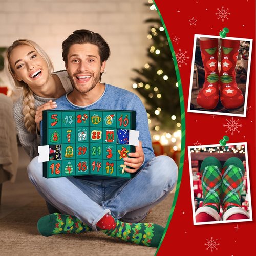 MOVINPE Christmas Socks Advent Calendar - 24 Pairs of Funny Crew Socks for Adults | Warm Cotton Countdown to 2025