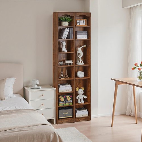 VECELO Space-Saving Tall Narrow Brown Bookshelf - 6 Adjustable Shelves, Elevated Moisture-Proof Base, Slim Storage Organizer for Small Apartments Dorms