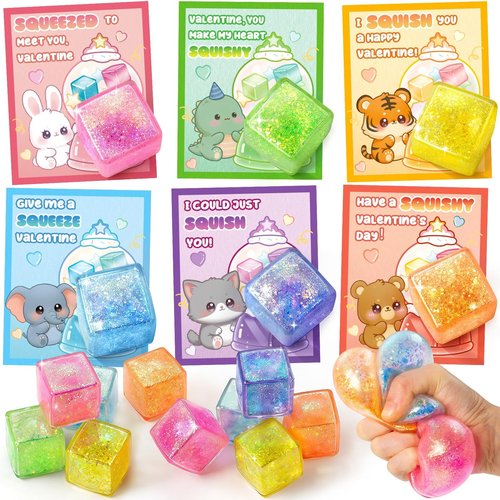 Class Valentines Day Gifts for Kids, 24 Pack Valentine Cards for Kids School with Ice Stress Cube, Squeeze Toy for Classroom Valentines Day Gifts Exchange, Valentine Party Favors Prize for Boys Girls