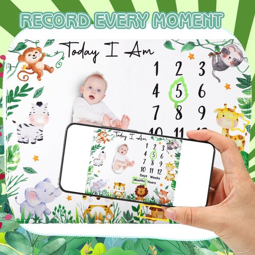 Guiqulai Baby Milestone Blanket for Baby Boy, Animals Baby Monthly Milestone Blanket Safari Baby Growth Blanket Newborn Photography Background with Wooden Signs, Frames, Bandana