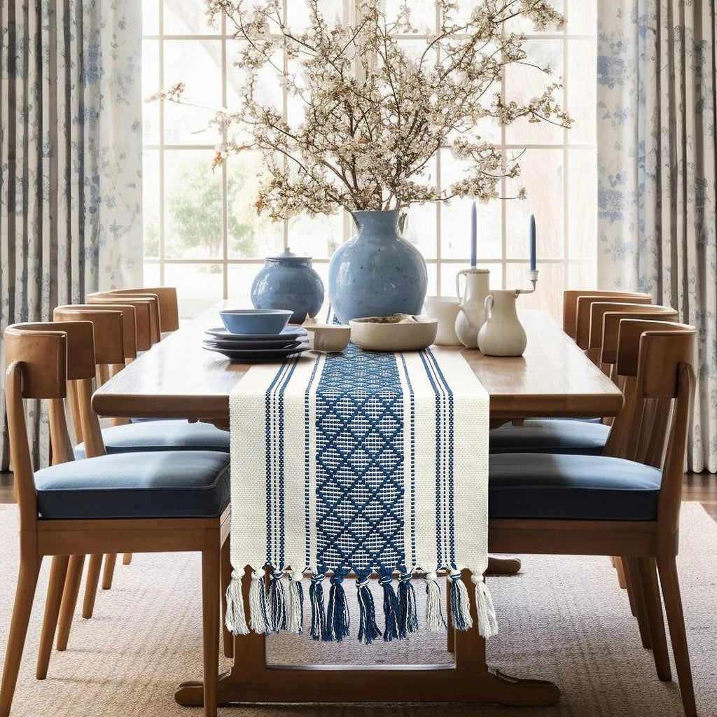 yuboo Blue and White Table Runner Farmhouse Style - Coastal Nautical Woven Table Runner 72 inches Long with Tassels, Dresser Runners for Bedroom, Dining Room, Summer Table Decor