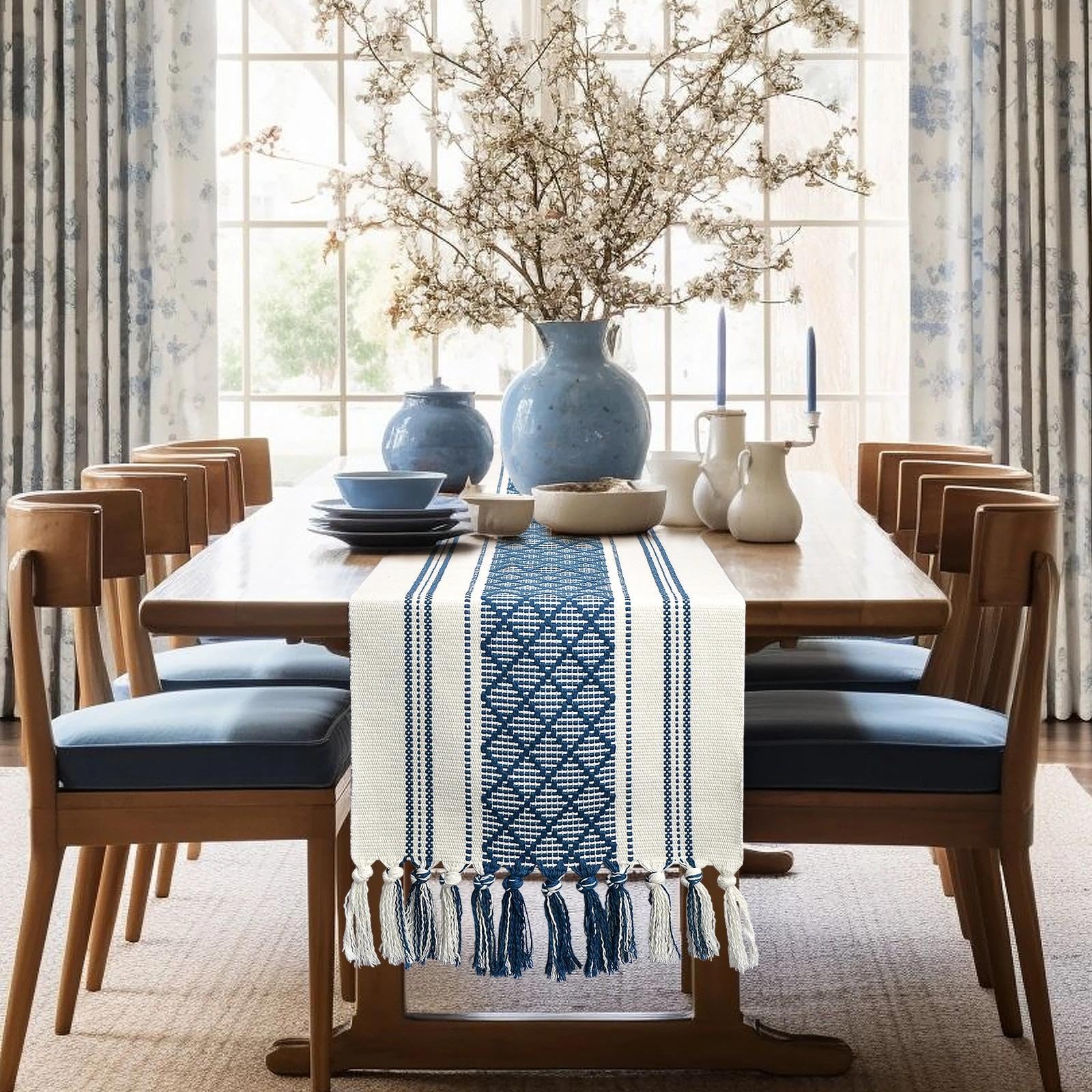 yuboo Blue and White Table Runner Farmhouse Style - Coastal Nautical Woven Table Runner 72 inches Long with Tassels, Dresser Runners for Bedroom, Dining Room, Summer Table Decor