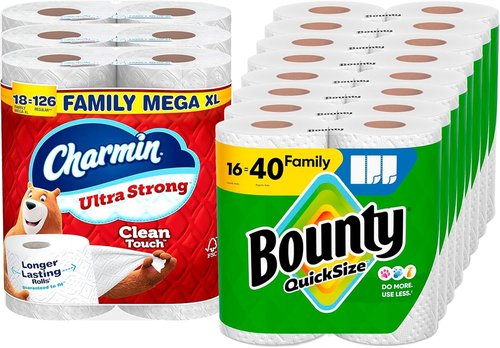 Bounty Quick-Size Paper Towels - White Family Rolls (16 Count) | Charmin Ultra Strong Toilet Paper (18 Mega XL Rolls)