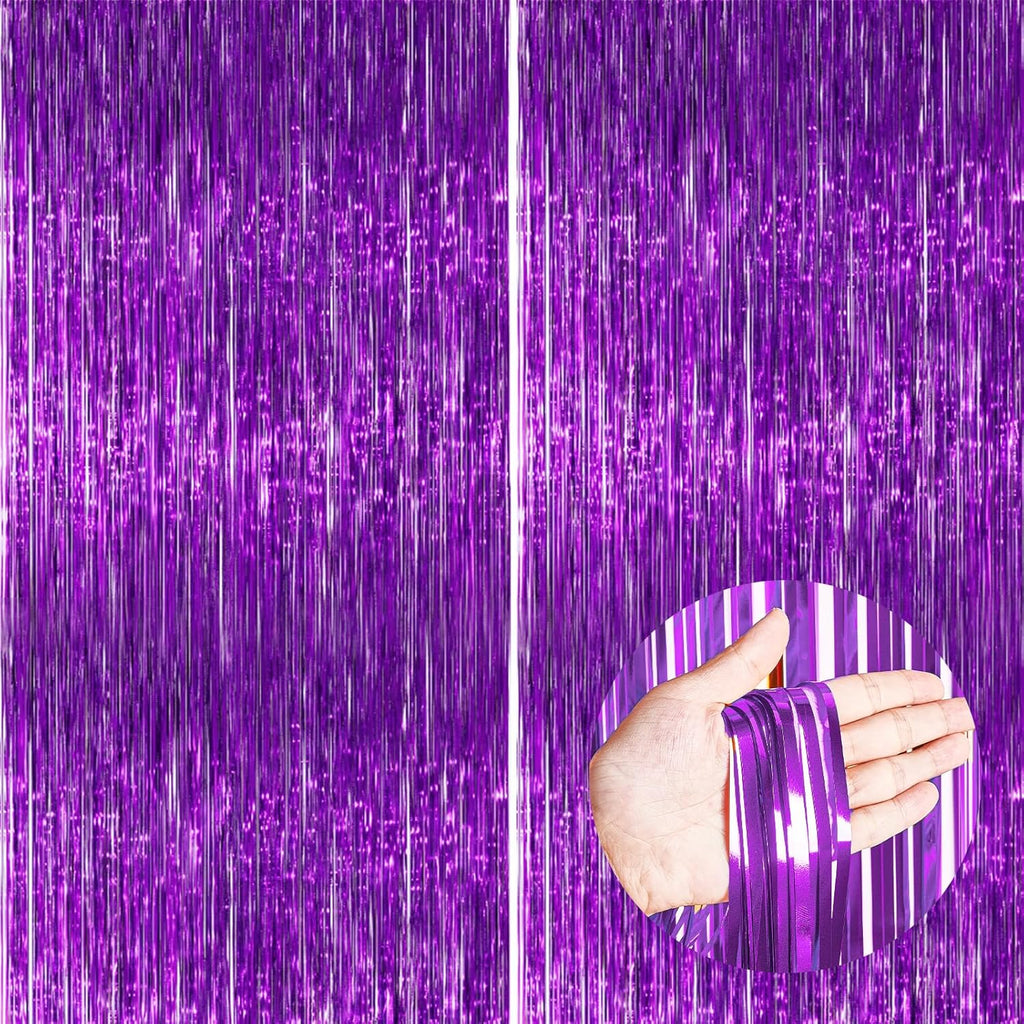 PartyWoo Purple Foil Fringe Curtain Backdrop - 2 Pack 3.3x6.6 ft Metallic Tinsel for Events