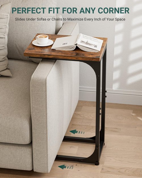 RISWER C-Shaped Side Table for Couch - Small Coffee Stand Sofa Tray Desk with Metal Frame and Waterproof Scratch Resistant, Modern End Accent for Living Room, Bedroom, Small Spaces, Rustic Brown