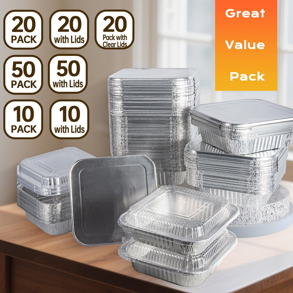 8x8 Aluminum Pans - 20 Pack Disposable Baking Trays with Clear Lids for Cooking and Food Storage