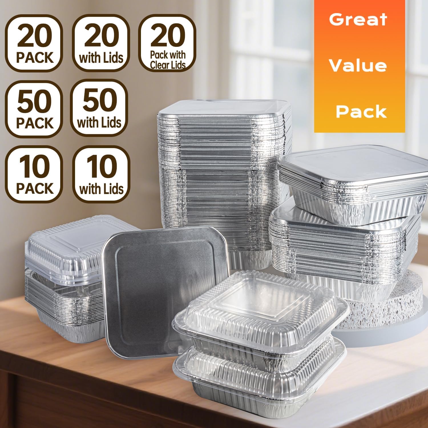 8x8 Aluminum Pans - 20 Pack Disposable Baking Trays with Clear Lids for Cooking and Food Storage
