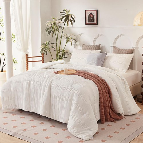Catesgoo Queen Comforter Set Cream White, 3 Pieces Seersucker Bed Set, Soft & Warm Lightweight Bedding Comforter Sets for All Season, Bedding Sets with Comforter, 2 Pillowcases