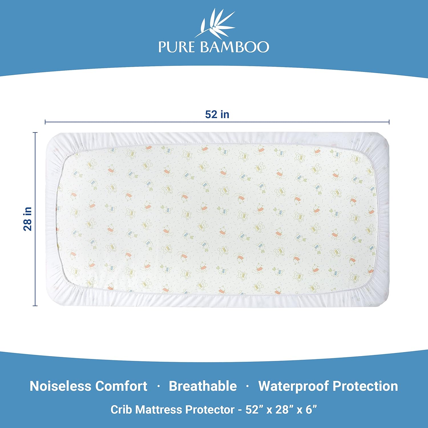 Pure Bamboo Waterproof Crib Mattress Protector - Breathable, Noiseless Cover Fits 52x28x6 Inch