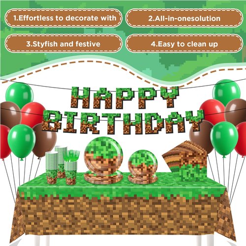 134Pcs Pixel Birthday Party Supplies for Birthday Decorations Serves 24 Guests