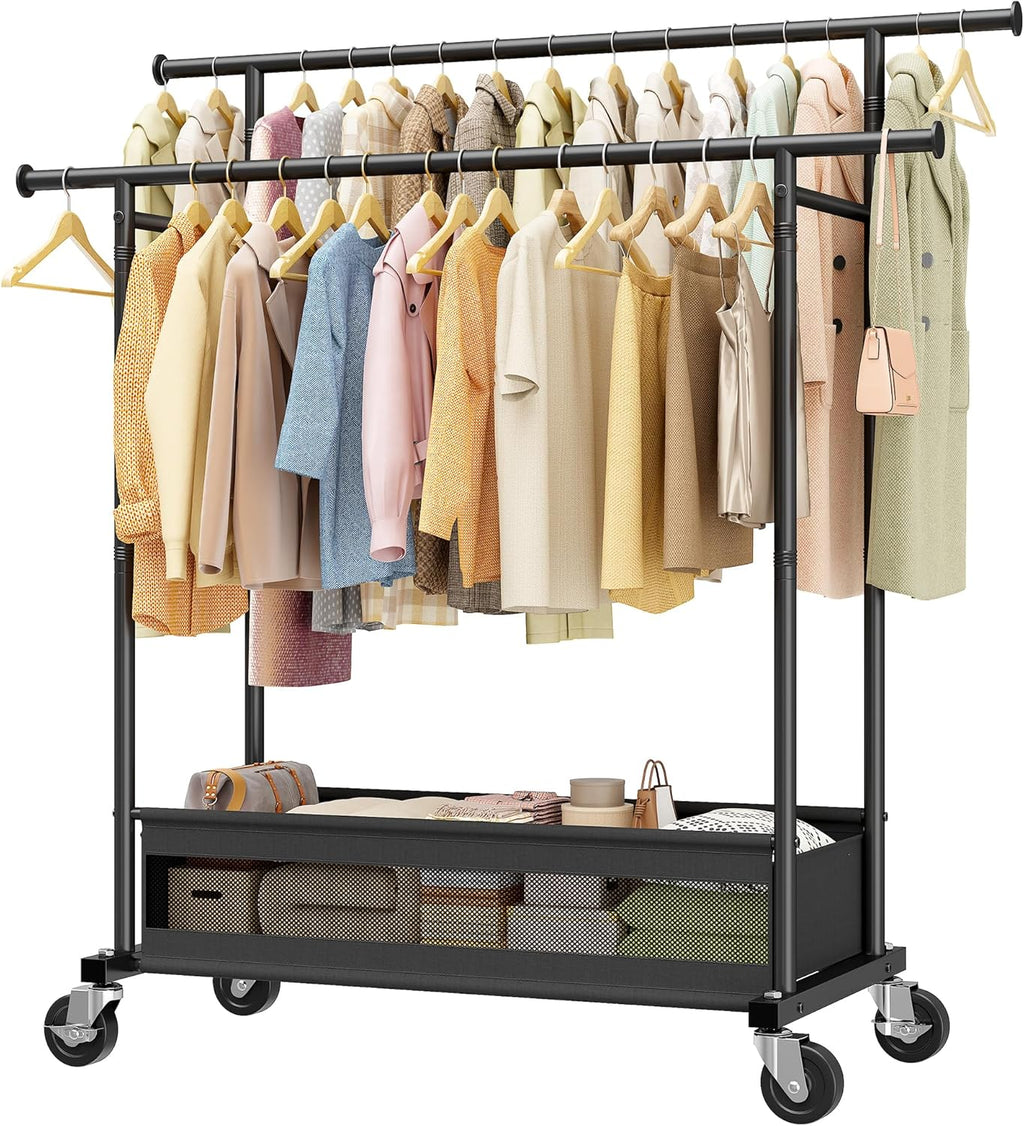 Skiennix Double Rod Clothing Rack - Rolling Garment Rack with Storage Basket & Heavy-Duty Wheels | Black