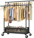Skiennix Double Rod Clothing Rack - Rolling Garment Rack with Storage Basket & Heavy-Duty Wheels | Black