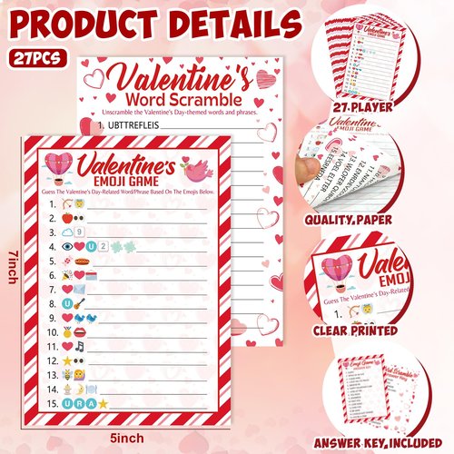 25 Players Valentine's Party Games for Adults Kids Valentines Day Games Cards Valentines Parties Emoji Game Word Scramble Game with Answer Key for Boys Girls Family Office Large Groups Activities