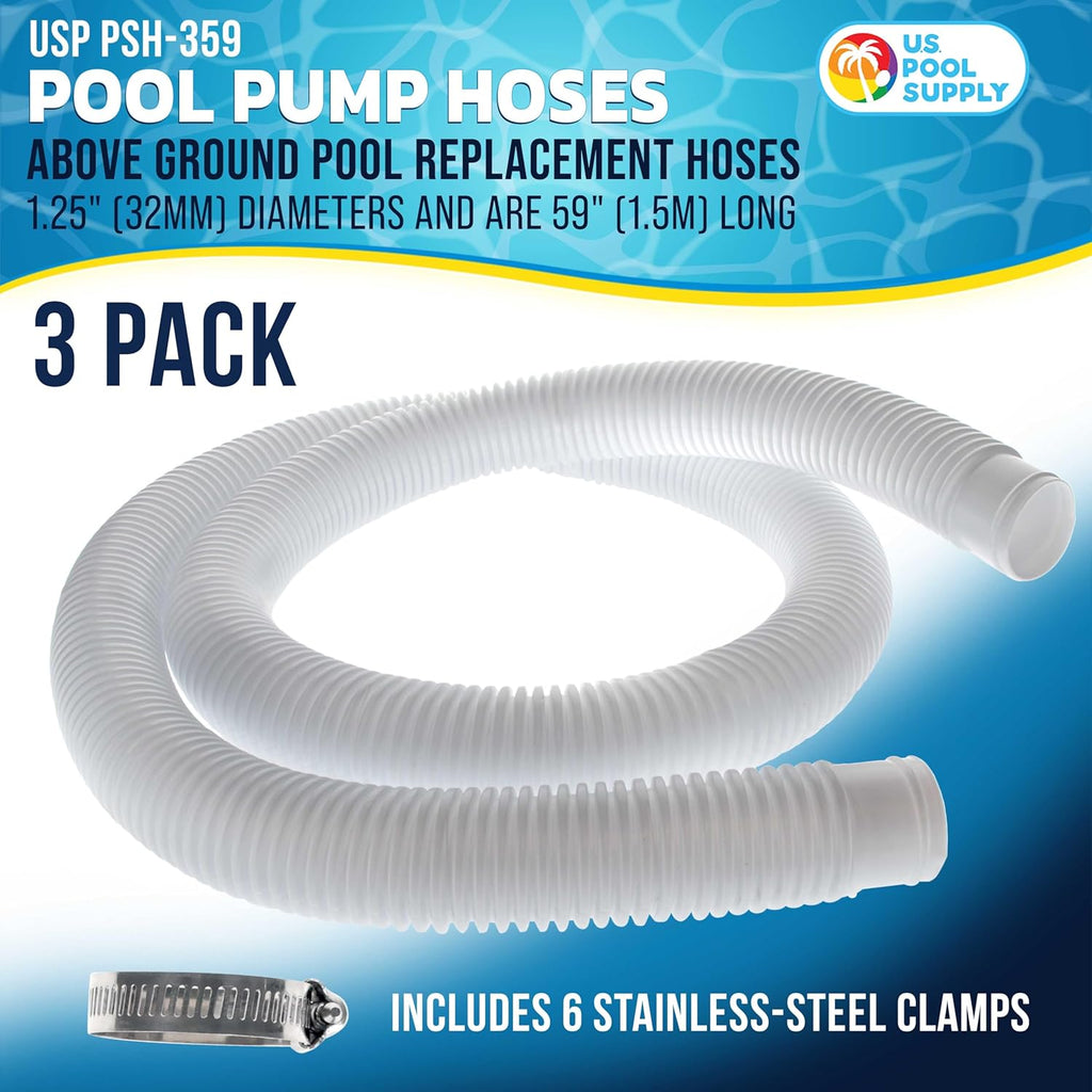 U.S. Pool Supply Above Ground Pool Hose Replacement - 1.25" Diameter x 59" Long, Pack of 3 | Premium White Filter Pump Hoses with 6 Metal Clamps for Intex Pumps