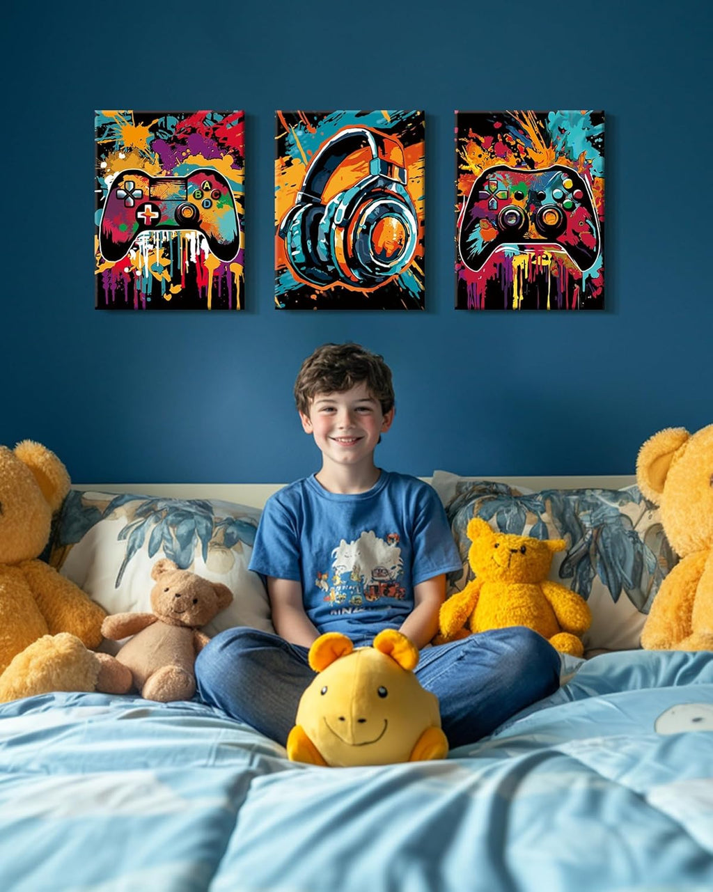 PHOPAGO Gaming Wall Art - Cool Watercolor Graffiti Gamepad Prints | 12x16in, Set of 3 for Teen Boys
