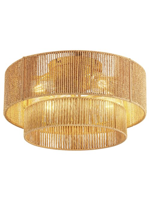Boho Caged Ceiling Fan with Light Flush Mount, Handwoven Layered Rattan Fandelier with Remote Control & 6-Speed Reversible, Gold Low Profile Chandelier for Bedroom, Living Room, Girls Room, Nursery