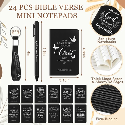 Hollowfly 24 Set / 96 Pcs Christian Church Gifts Plastic Cups with Bible Verse Pens Keychains Notebooks for Women Men Volunteer Christian Party Gifts (Black)
