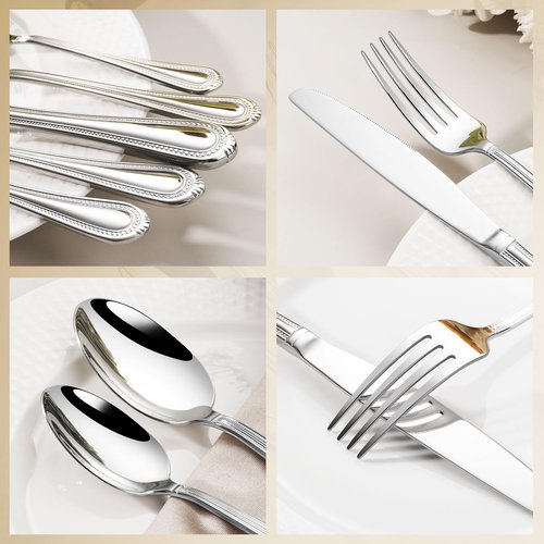 40-Piece Flatware Set for 8, Heavy Duty 18/10 Stainless Steel Silverware Set, Weighted Silverware Knives Forks and Spoons Set, Beaded Edge Handle, Dishwasher Safe