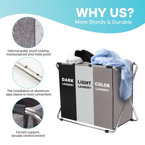 150L Laundry Cloth Hamper Sorter Basket Bin Foldable 3 Sections with stainless steel Frame Washing Storage Dirty Clothes Bag for Bathroom Bedroom Home Storage Basket (Black+Gray+Coffee)