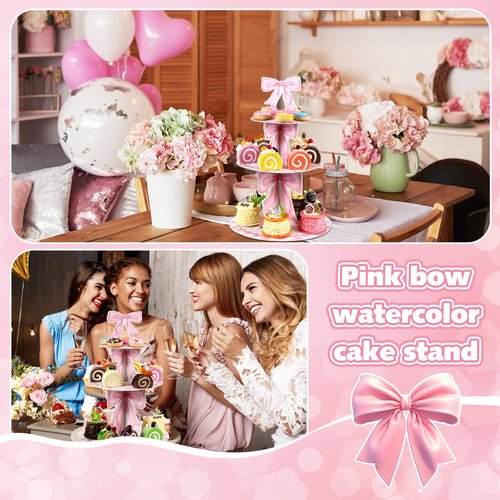 Willinglong 3 Tier Pink Bow Cake Stand Coquette Bow Party Birthday Cake Stand Decorations Pink Dessert Tower for Wedding Garden Birthday Party Supplies