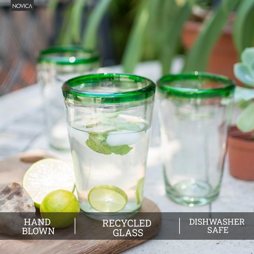 "NOVICA Artisan Crafted Recycled, 15 Oz 'Conical' (Set of 6) Blown glass, 6" H x 3.9", Green/Clear" (14345)