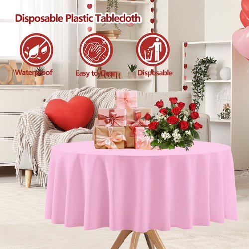 BCCSNNM 12 Pcs Round Valentines Tablecloth,Plastic Red Pink Tablecloths Disposable Table Covers for Valentine's Day Galentines Birthady Engagement Baby Shower Party Decorations,84 Inch