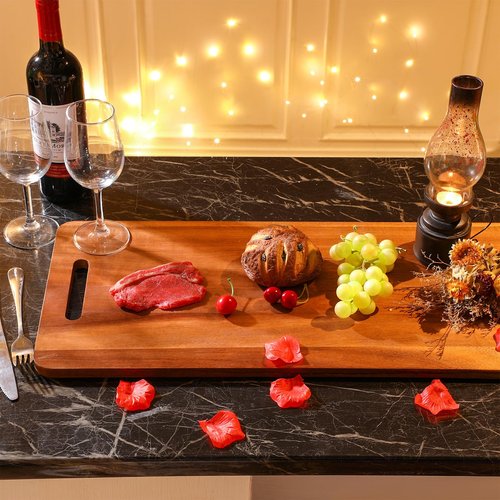 Bokon 2 Pcs Acacia Wooden Charcuterie Boards Acacia Serving Board with Handle Rectangular Hollow Handle Wood Tray Wooden Serving Platter Wood Server for Cheese Food (36 x 12 Inch )