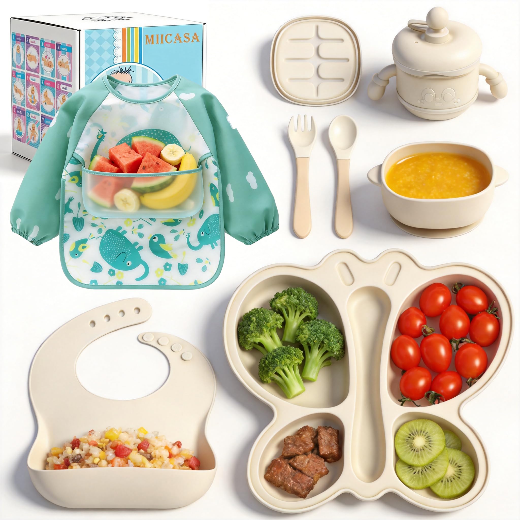 MIICASA Silicone Baby Feeding Set, Baby Led Weaning Supplies, Silicone Suction Butterfly Plate, Bowl, Spoons, Fork and Waterproof Bib & Cloth Bib, Eating Utensils Baby Feeding Essentials (Beige)