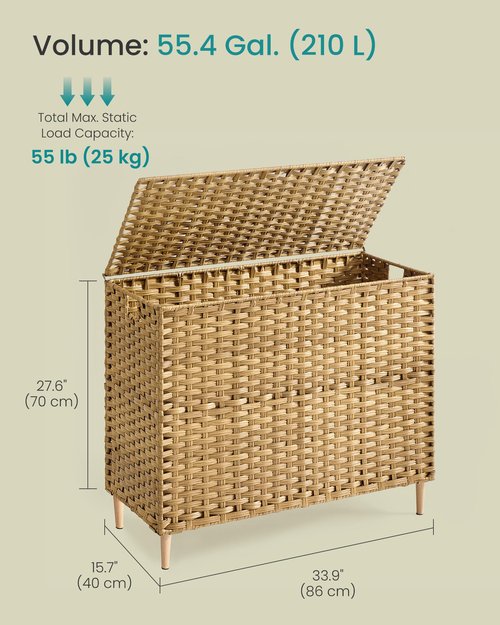 SONGMICS Laundry Hamper with Lid, 55.4 Gal. (210 L) PE Rattan Laundry Basket with Lid and Handles, Natural Material,Removable Machine Washable Liner, Goose Yellow ULCB224YE01
