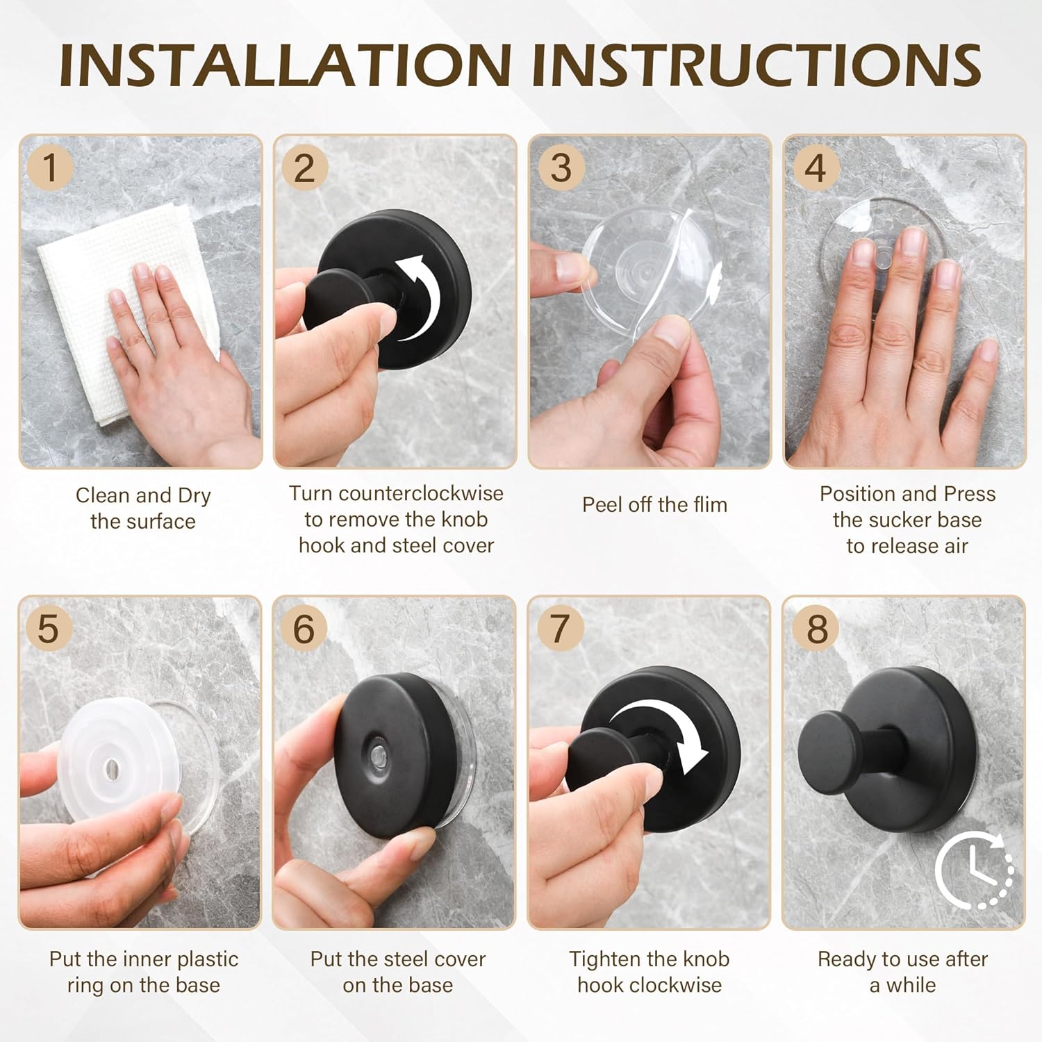 Ninth Five Heavy Duty Shower Suction Cup Hooks - Removable Bathroom Wall Hooks for Towels & Robes | 4 Pack, Black